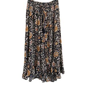 Rachel Zoe Dark Floral Maxi Skirt A-line Button Front Tassel Boho Peasant Size M